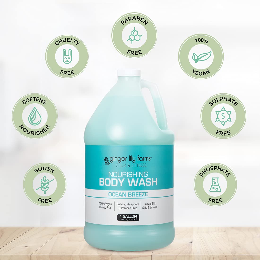 Ginger Lily Farms Club & Fitness Nourishing Body Wash, 100% Vegan & Cruelty-Free, Bath & Shower Gel For Men And Women, Ocean Bre