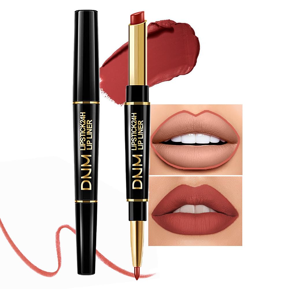 2 In 1 Light Brown Matte Lip Liner & Lipstick Combination, Dnm Metallic Dual Ended Lipstick, Lip Liner, Lip Gloss, 24 Hour All D