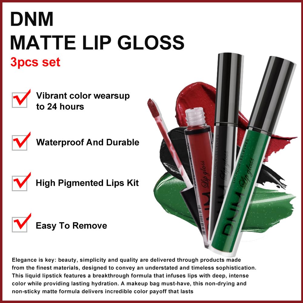 Amy'S Diary Dark Red Green Black Matte Plum Liquid Lipstick 3Pcs Sets,224-Hour Lipstick Long Lasting Permanent L Magic Lipstick