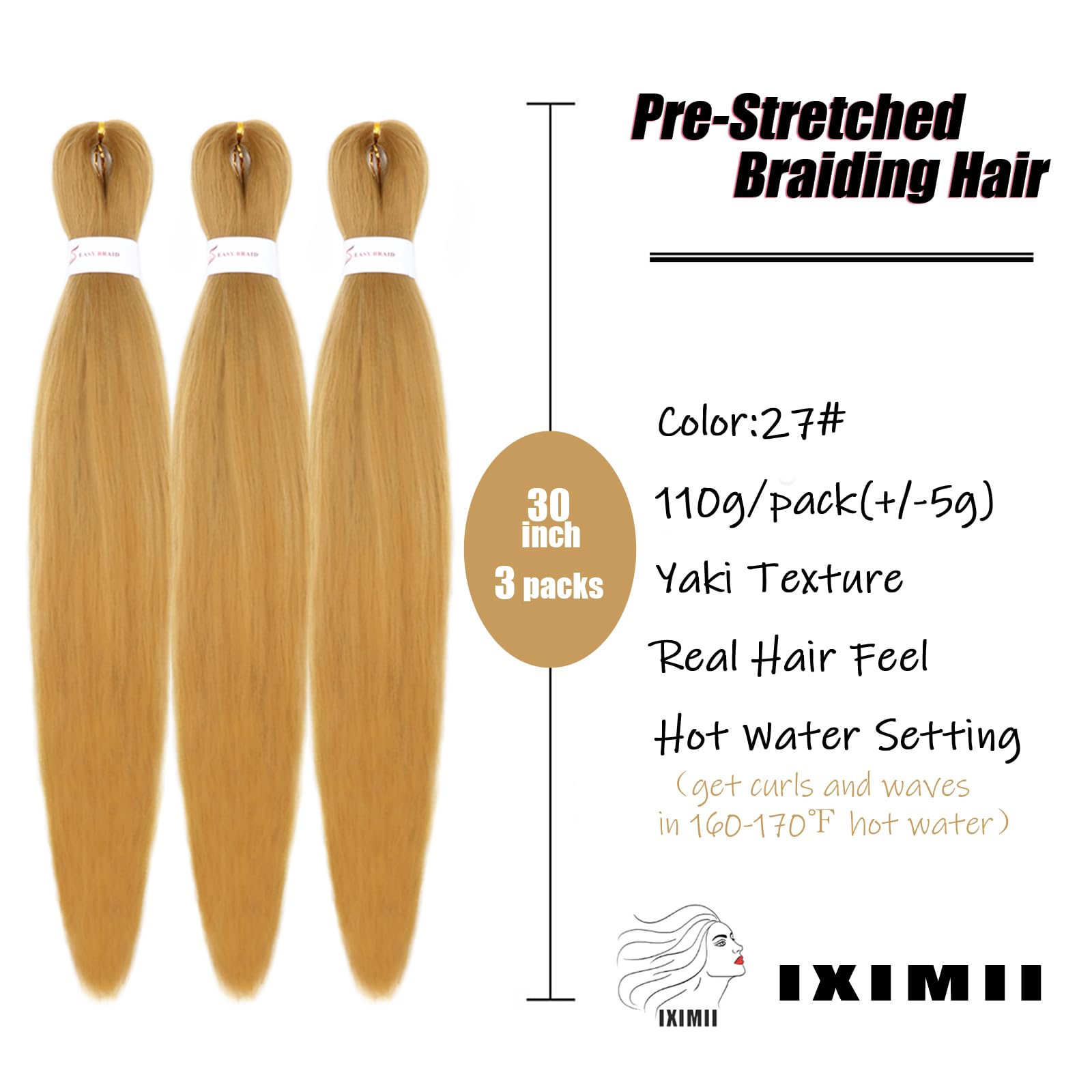Iximii #27 Braiding Hair Pre Stretched 30 Inch 3 Packs Pre-Stretched Kanekalon Hair Honey Blonde Long Straight Braids Yaki Textu