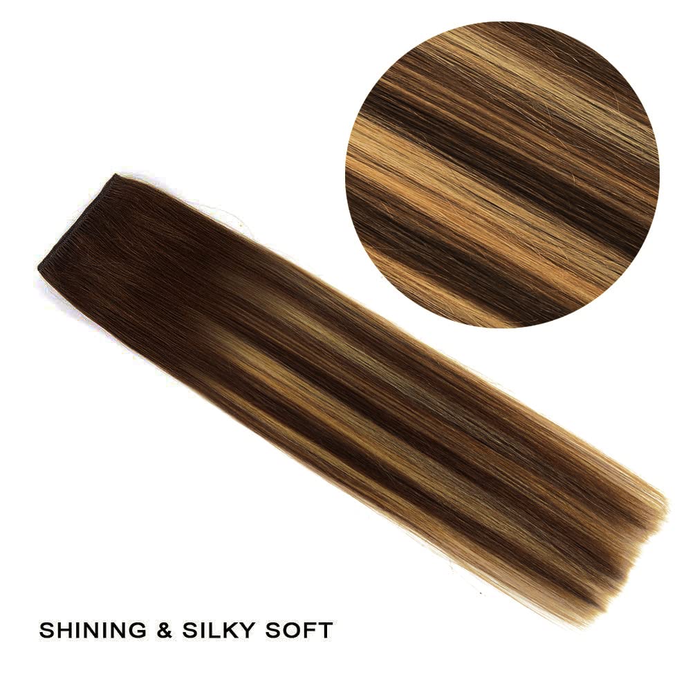 14'' Clip In Hair Extensions Balayage Human Hair For Women - 4Pieces Silky Straight Chocolate Brown To Honey Blonde Highlight Br