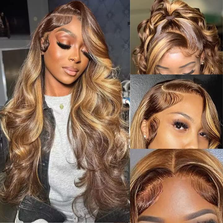Aicrelery 26 Inch Highlight 13x6 Body Wave HD Transparent Lace Front Wigs Human Hair 4/27 Honey Blonde Body Wave Lace Frontal Wi