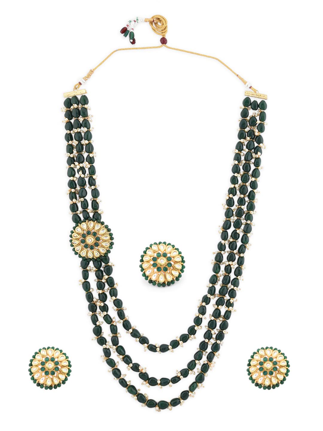 Zaveri Pearls Green Beads Multistrand Long Side Brooch Necklace Earring & Ring Set For WomenZpfk12134