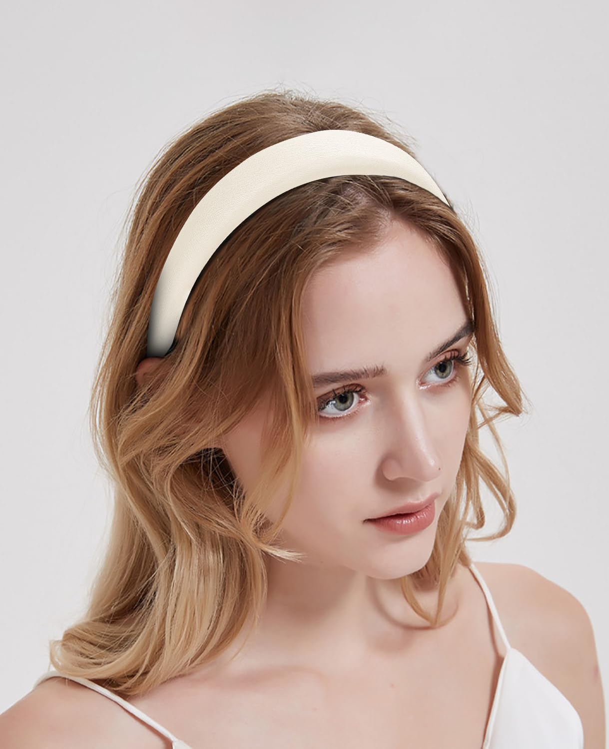 Wecoe White 1.2 Inch Headband for Women and Girls, PU Leather Non Slip Fashion Hair Band, Hair Accessories for Costume, Party, E