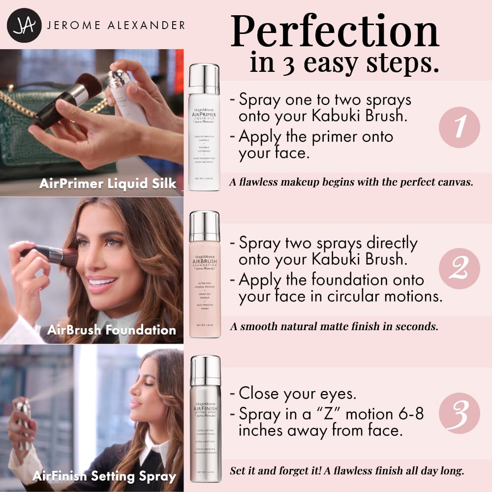 Jerome Alexander Magic Minerals AirBrush Foundation Set - 5pc Pro Starter Kit with Foundation, Primer, Setting Spray - Light Medium