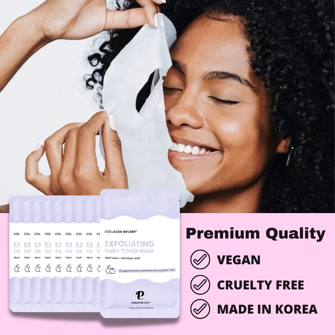 Paradisegal 10 Face Masks Korean Skin Care - Exfoliating Collagen Infuser With Aha, Glycolic Acid, Bha, Niacinamide, Ceramide |