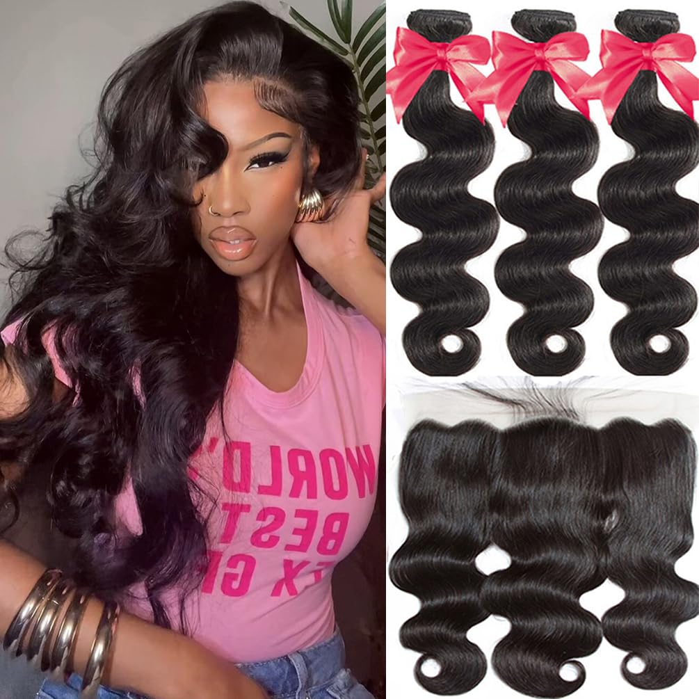 Bundles Human Hair with Frontal Closure Body Wave Bundles with Frontal (10 12 14+10) Brazilian Virgin Weaves with 13x4 Ear to Ea