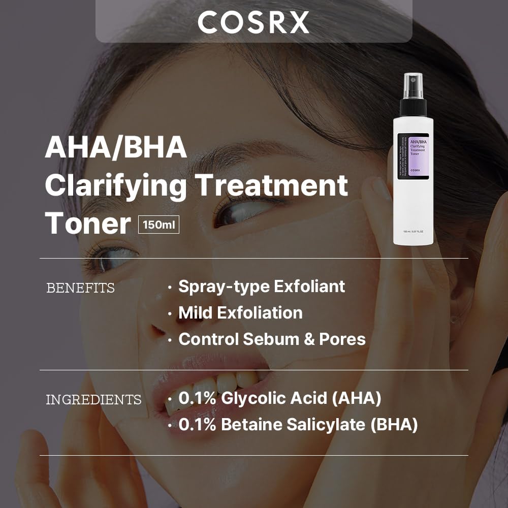 Cosrx Aha/Bha Treatment Toner 5.07 Fl.Oz/ 150Ml, Facial Exfoliating Spray For Whiteheads, Pores, & Uneven Skin, Korean Toner, No