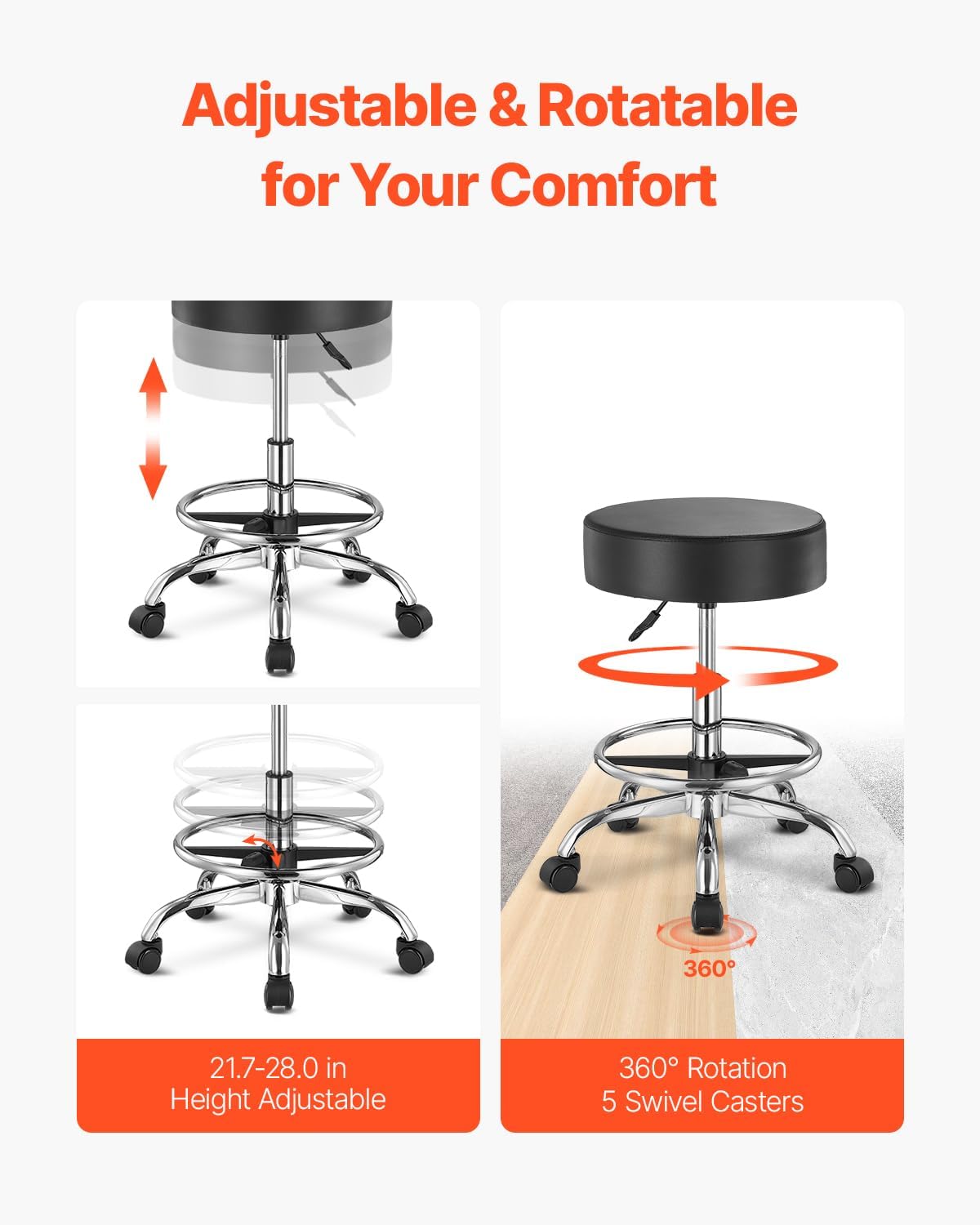 VEVOR Rolling Stool with Foot Rest and Wheels, 450 LBS Weight Capacity Round Rolling Stool Chair, Height Adjustable Thickened PU