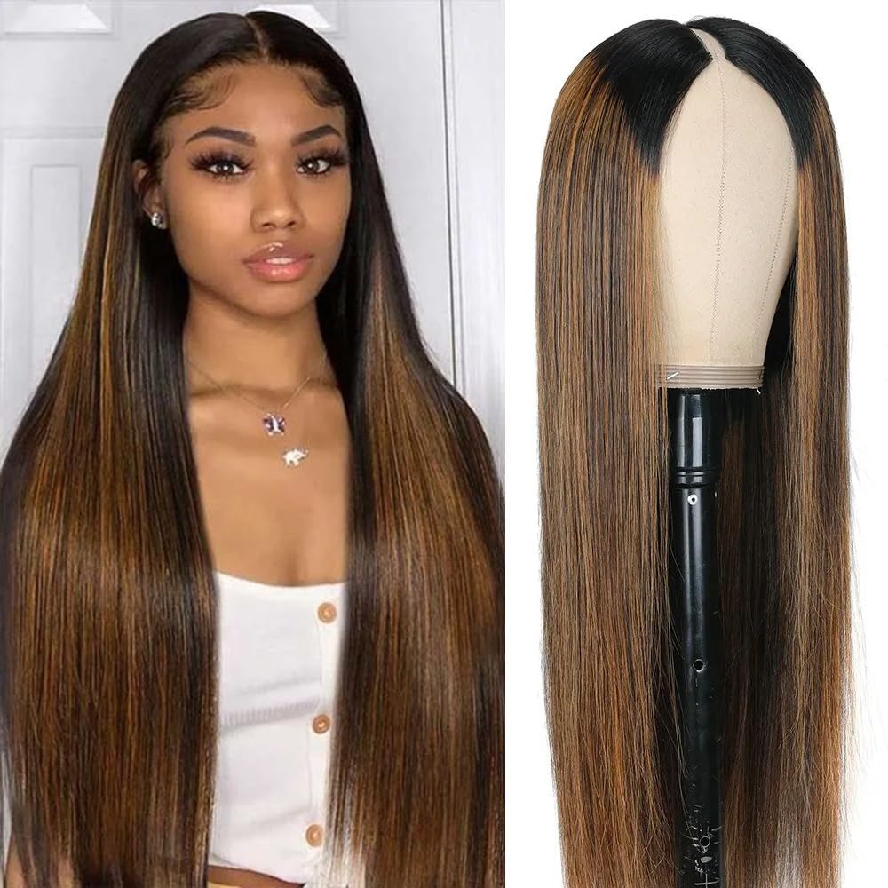 Pobokix Highlight V Part Wigs Human Hair Straight Brazilian Virgin Human Hair Wigs Ombre Brown Upgrade U Part Wigs 180% Density 