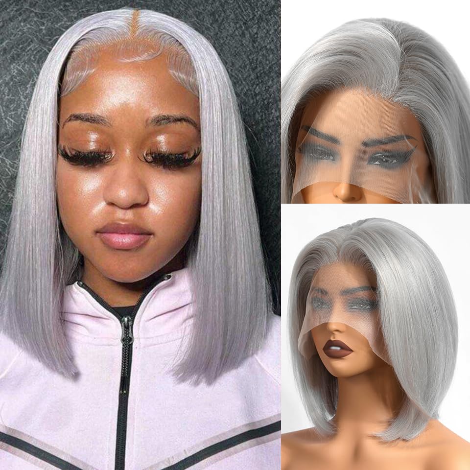 Grey Short Bob Wigs Human Hair,Glueless 13x4 HD Lace Frontal Bob Wigs with Baby Hair 14'' 150% Density Colored Grey Straight Lac
