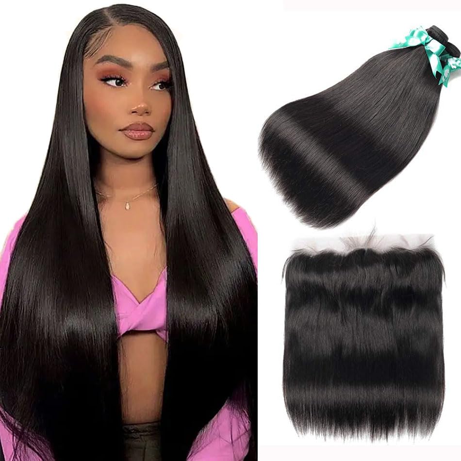Beauhair Straight 3 Bundles with Frontal (14 16 18+14 Frontal) 13x4 Ear to Ear Lace Frontal with Bundles Unprocessed Virgin Braz