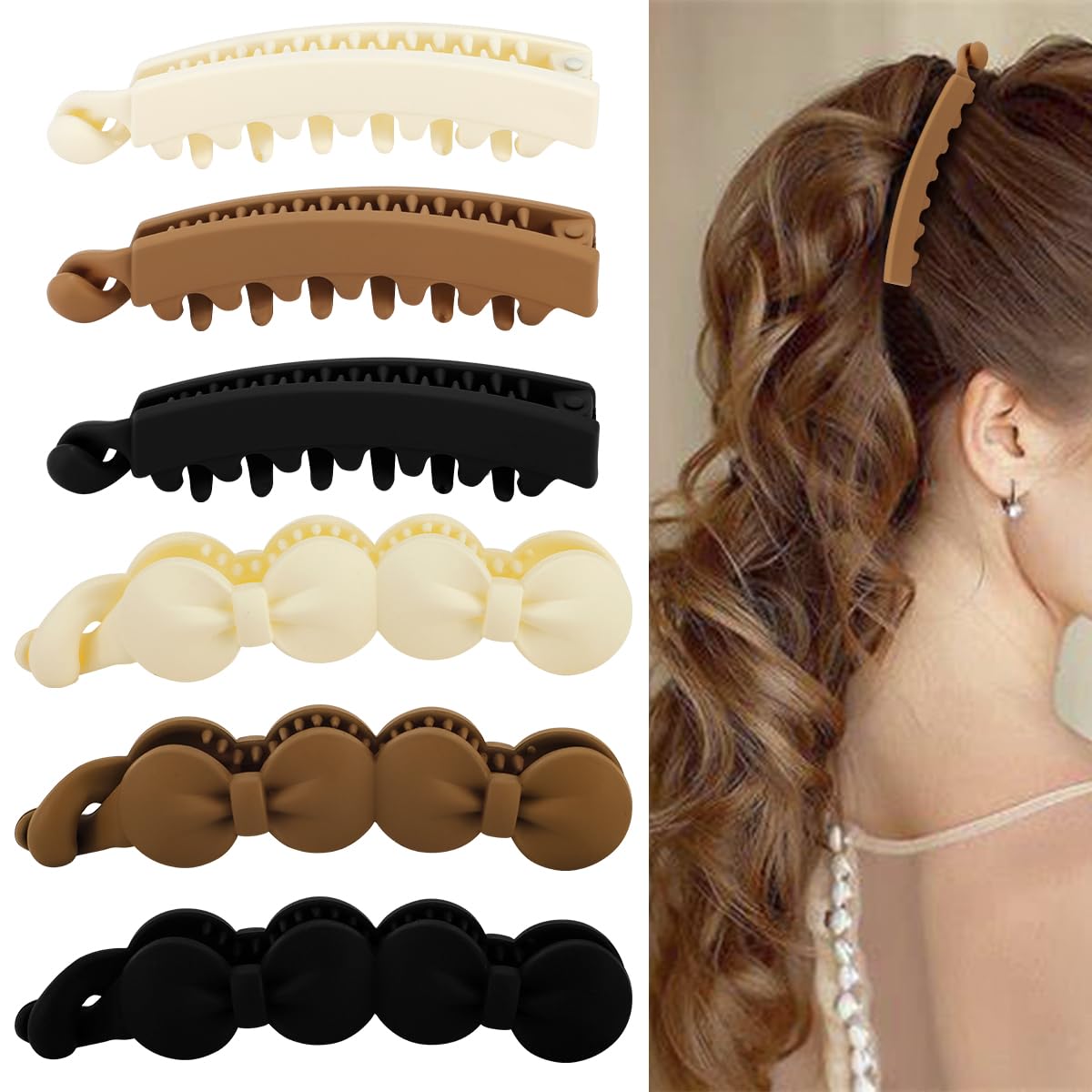 Hapdoo Hair Clips, 6PCS Bow Claw Banana Clips for Medium Hair, Matte Strong Hold Ponytail Bun Holder, Hair Jaw Clips Barrettes S