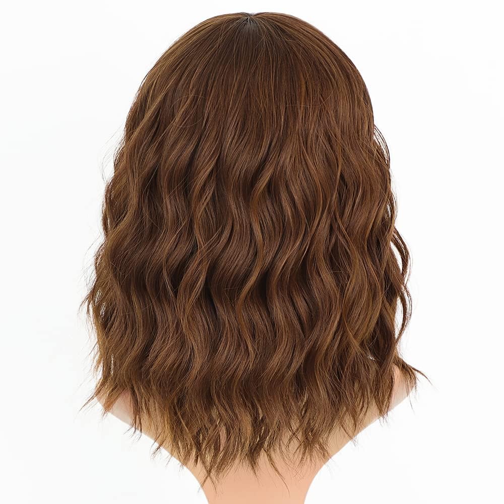 Aisi Hair Synthetic Wavy Curly Bob Wig With Bangs Ash Auburn Wig Short Bob Wavy Hair Wigs For Women Synthetic Heat Resistant Bob