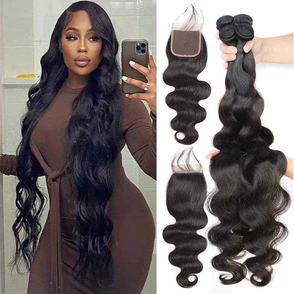 Bundles with Closure (24 26 28 30+22,Free Part) 10A Brazilian Body Wave 4 Bundles with Closure 100% Virgin Remy Body Wave Bundle