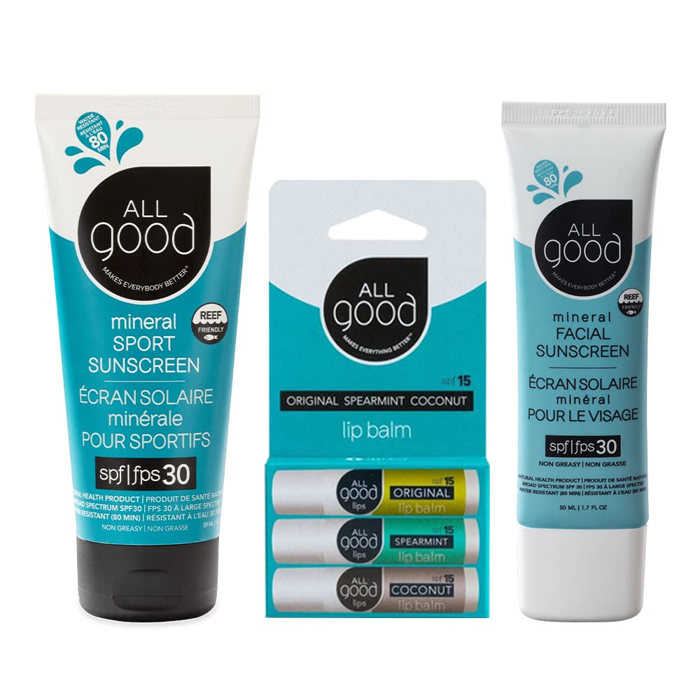 All Good SPF 15 Lip Balm, Mineral & Facial Sunscreen Bundle - Broad Spectrum SPF 30+, Water Resistant - Includes (1) SPF 30 Spor