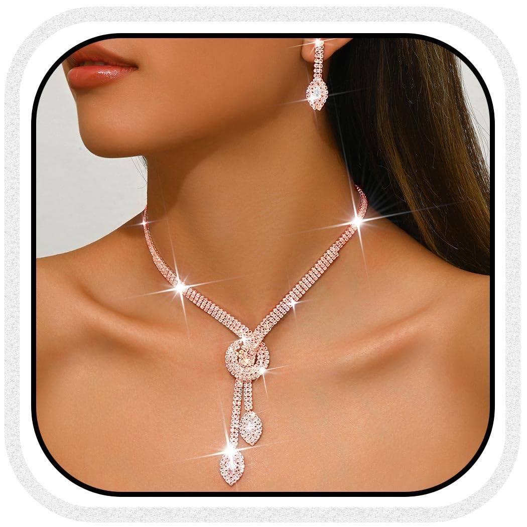 Unicra Pink Rhinestone Bridal Wedding Jewelry Set Crystal Necklace Earrings Sets Formal Prom Costume Jewelry Sets for Women and 