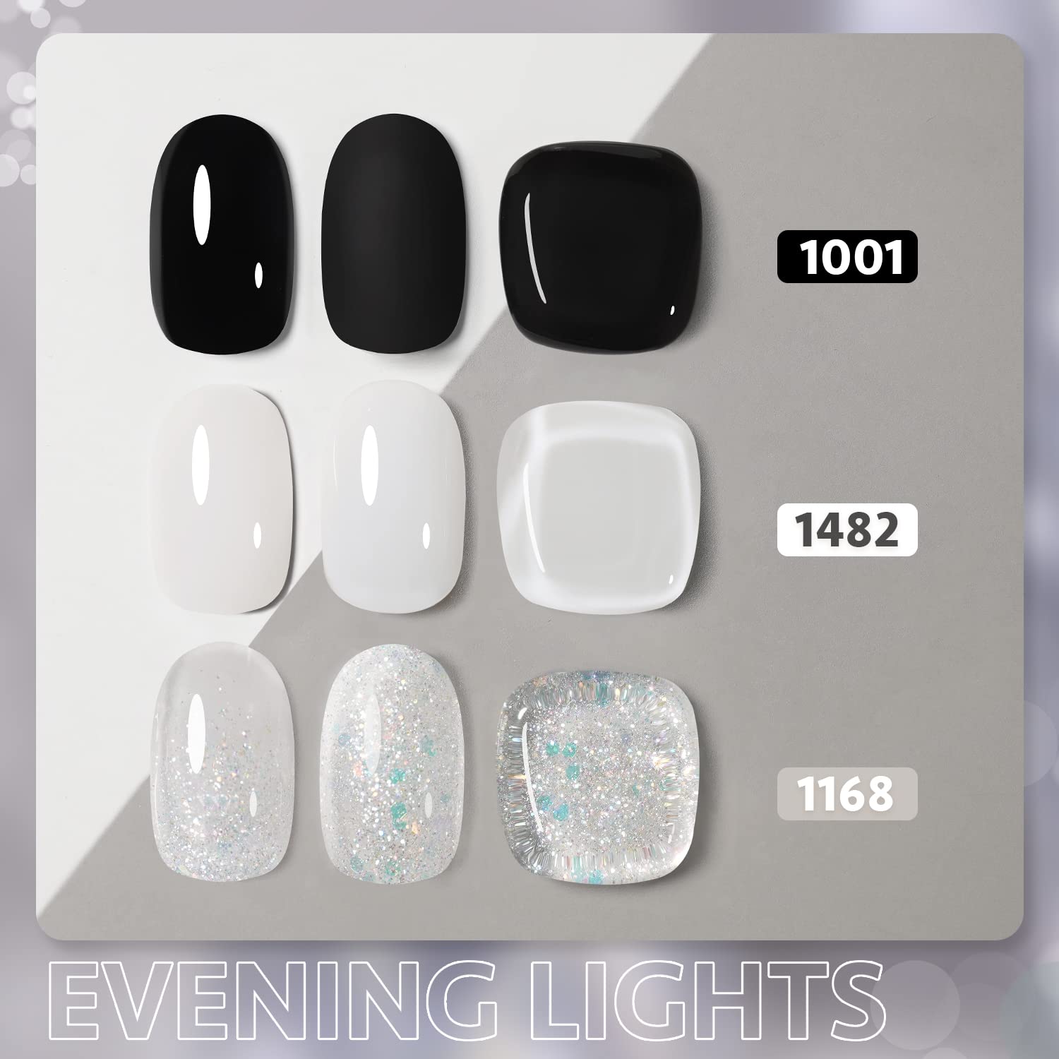 Gaoy Gel Nail Polish Kit, 3 Colors Black Milky White Jelly Glitter, Sheer Clear Soak Off Uv Gel Polish Set - Evening Lights