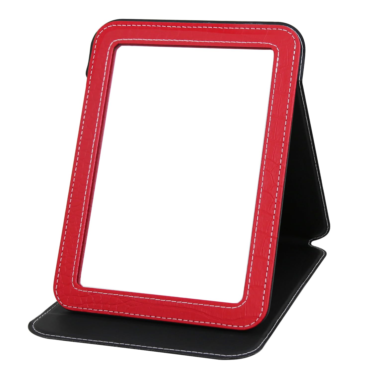 Ximruyuv Red Foldable Desk Mirror, 5.3  6.9    Adjustable Angle Rounded Rectangle PU Edge Covering Travel Mirror with Stand (MRe