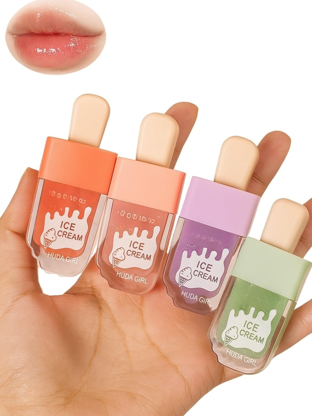 Fozzby 4Pc Korean Ice Cream Lip Gloss  Pink Shiny Finish, Repair Moisturizing Hydrating, Waterproof, Long Lasting Lip Gloss For