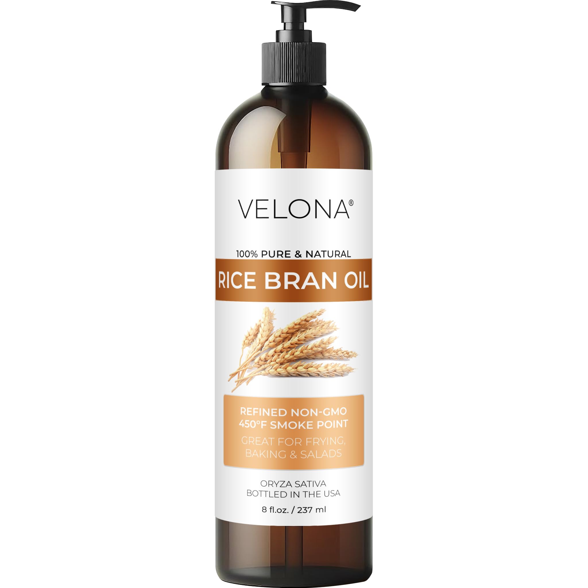 velona Rice Bran Oil 8 Fl Oz | 100% Pure and Natural Carrier Oil | Refined, Cold Pressed | Cooking, Face, Hair, Body & Skin Care
