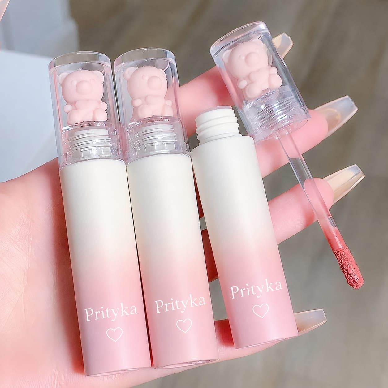 Prityka Cute Bear Lip Gloss Set For Women & Girls | Moisturizing Glossy Lip Tint | Portable Cartoon Design Lip Makeup | Pack Of 