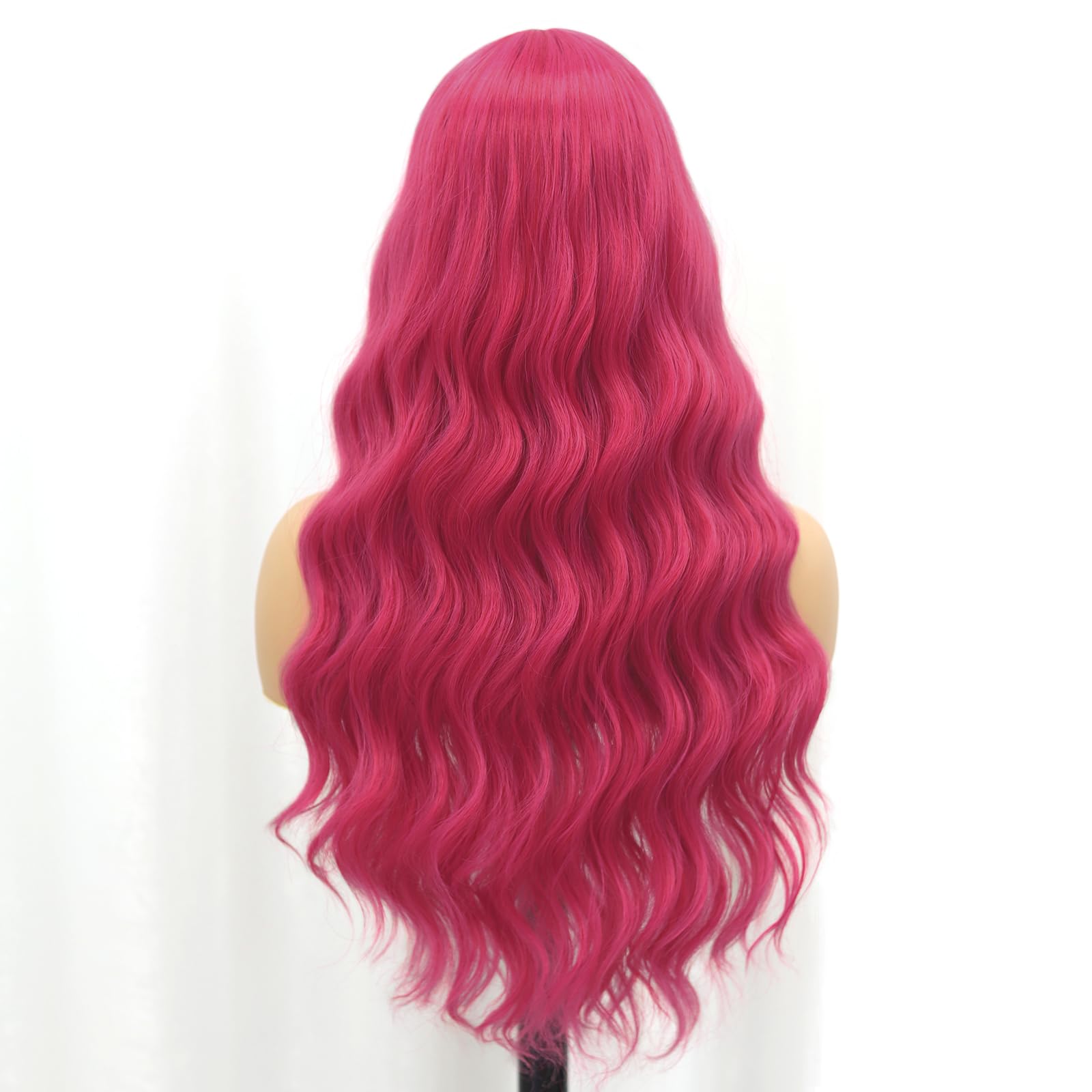 Evlynn Hot Pink Wig For Women Long Curly Wig Cap With Bangs Natural Wave Synthetic Fiber Glueless Hair Wigs For Daily Party Cosp