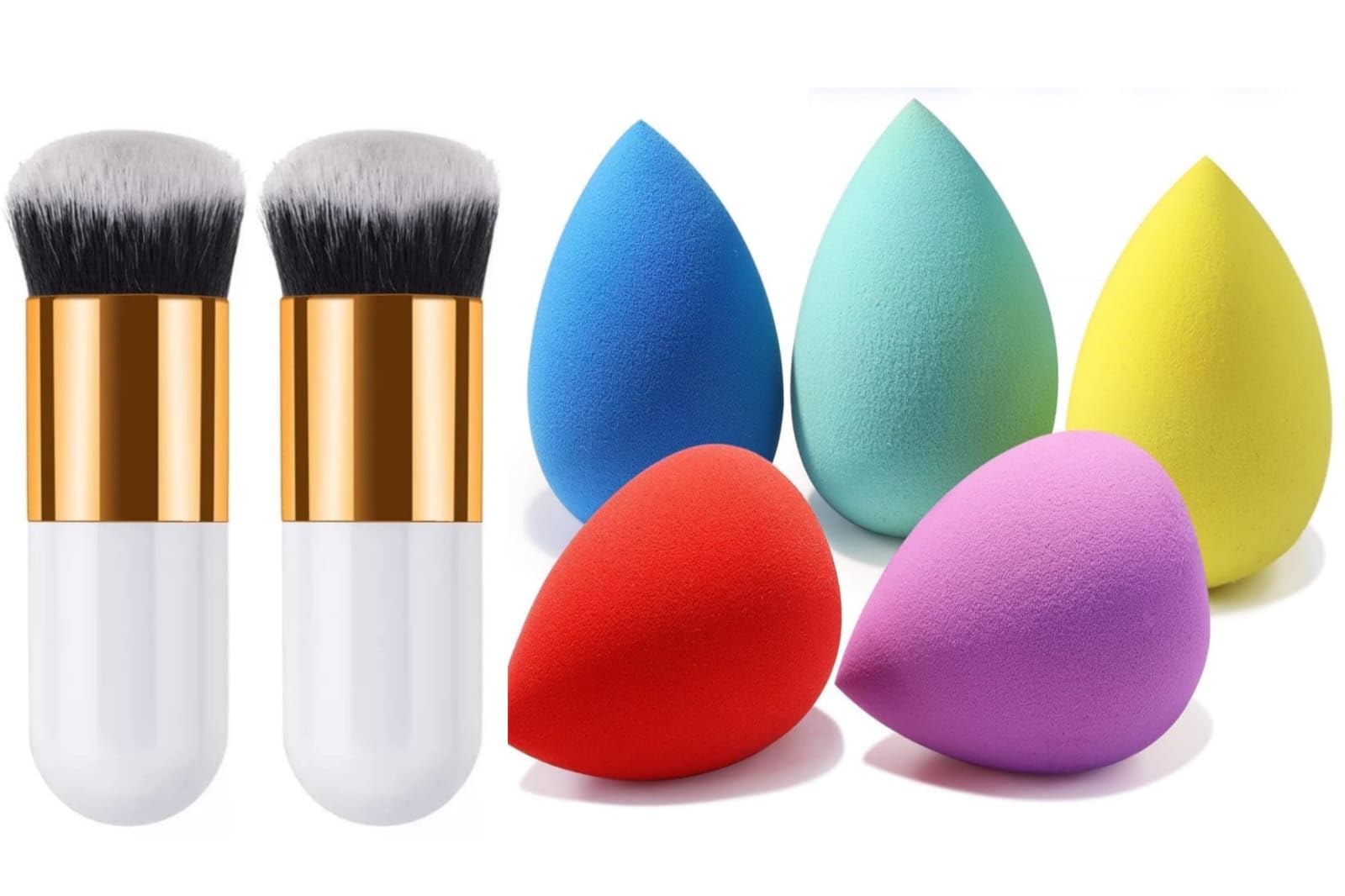 First Beauty 2 Foundation Makeup Brushes With 5 Multicolor Sponges  LatexFree Beauty Blender Set For Liquid, Cream, And Powder
