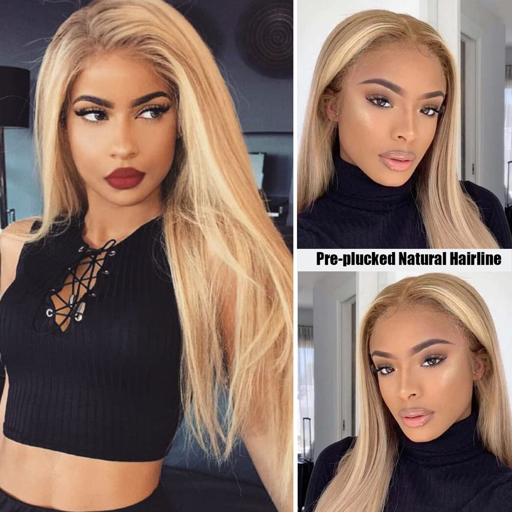 Highlight Lace Closure Wigs Human Hair Glueless Honey Blonde 13X4 Ombre Lace Front Wig 150% Density Soft Straight Brazilian Vigi