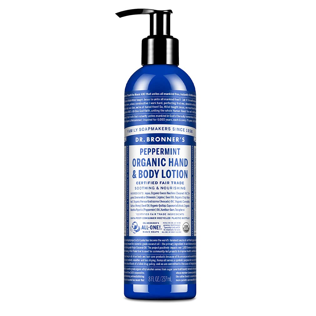 Dr. Bronner's - Organic Lotion (Peppermint, 8 Ounce) - Body Lotion and Moisturizer, Certified Organic, Soothing for Hands, Face 