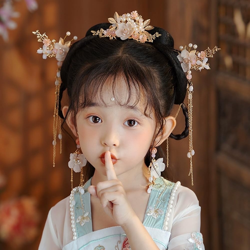 5 Pcs Flower Chinese Tassel Hair Stick Crystal Pearl Hanfu Hair Pins Classical Floral Bride Wedding Accessories For Women