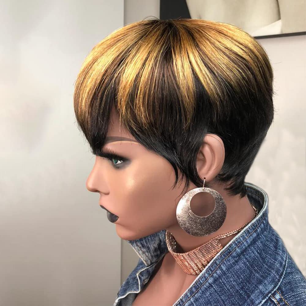 QiaQiaRing 1B/4/27 Pixie Cut Wigs for Black Women Brazilian Human Hair Short Wigs with Bangs Black Mixed Brown and Blonde 150% D