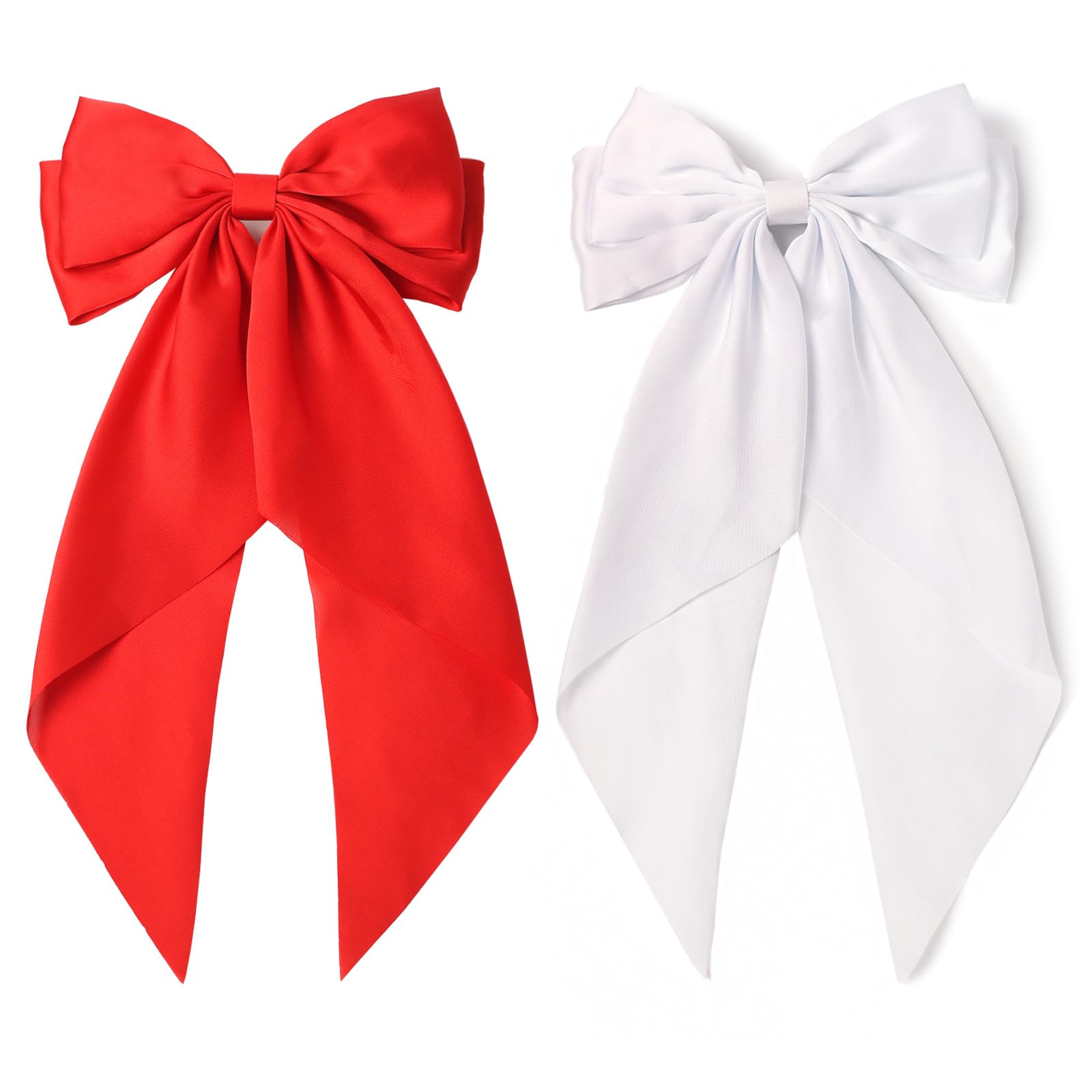 SUSULU Large Hair Bow Clips for Women Red Hair Bow White Hair Bow Slides for Girls Satin Hair Barrettes with Long Ribbon Tail,We
