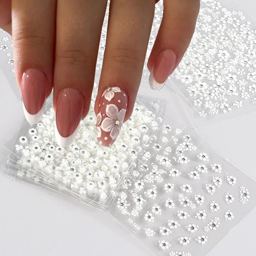 60 Sheets White Flower Nail Stickers for Nail Art Spring Nail Decals 3D Self-Adhesive Nail Supplies Charms with Nail Tweezer Sum