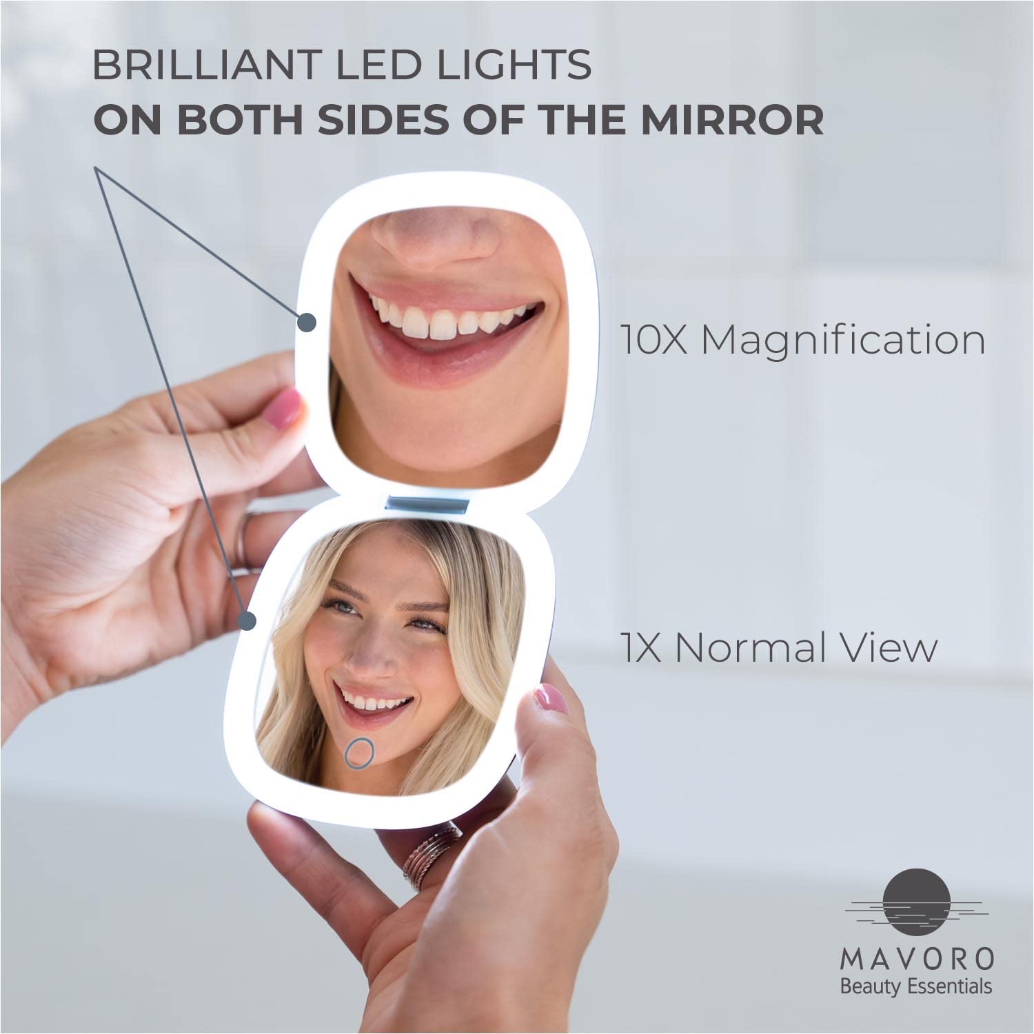 Mavoro LED Travel Makeup Mirror, Rechargeable 1x/10x, Pocket & Purse Compact, Touch Sensor, USB, Graphite Grey