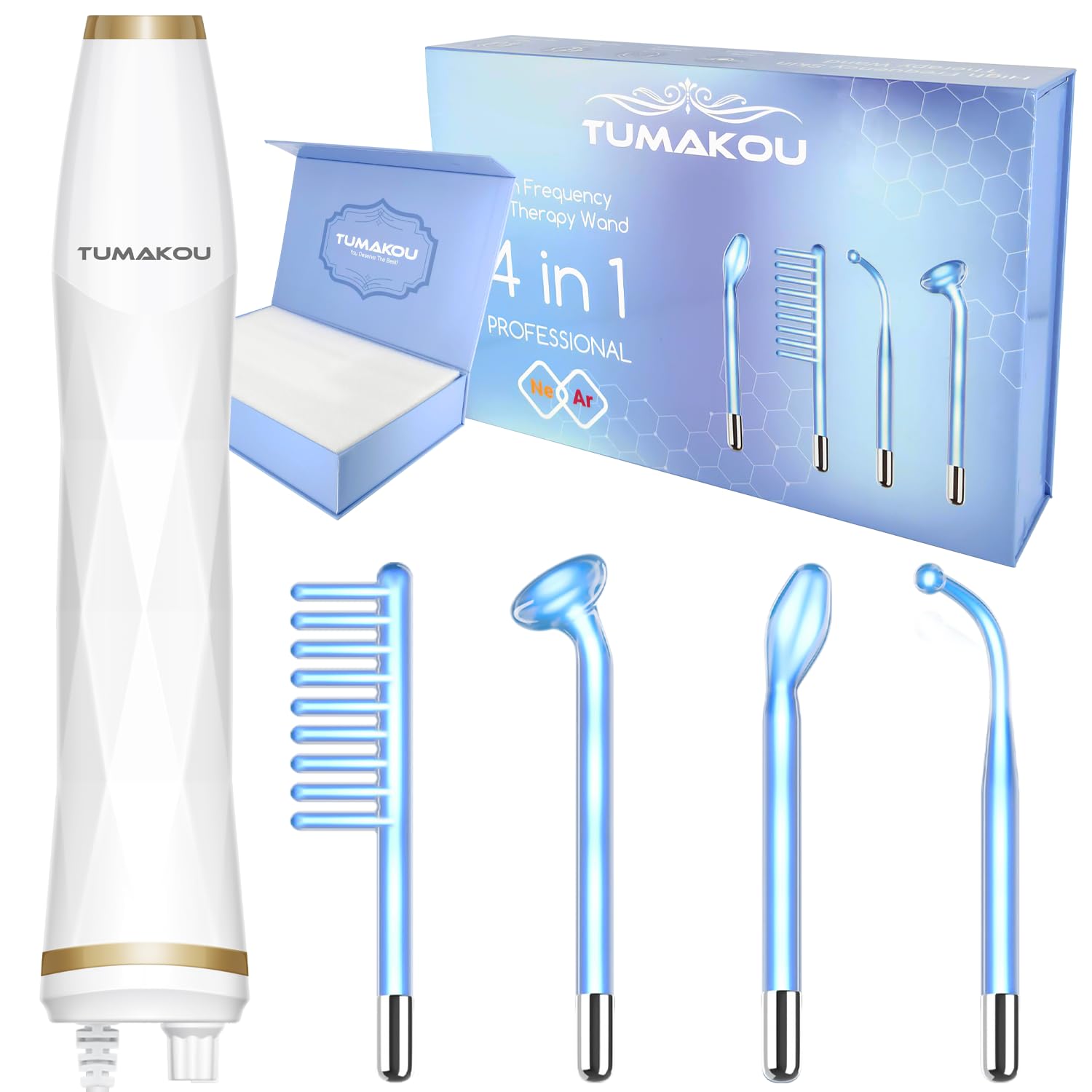 High Frequency Facial Device - TUMAKOU Blue High Frequency Facial Wand - Portable High Frequency Machine with 4 Fusion Neon + Ar