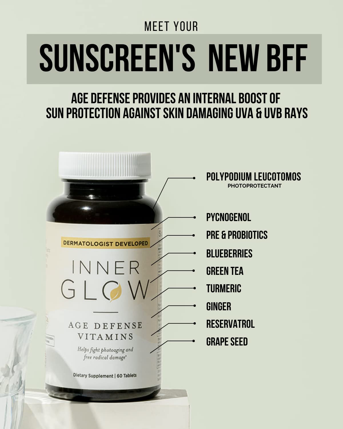 Inner Glow Age Defense Vitamins - Dermatologist and Plastic Surgeon Developed to Fight photoaging and Melasma, Polypodium Leucot