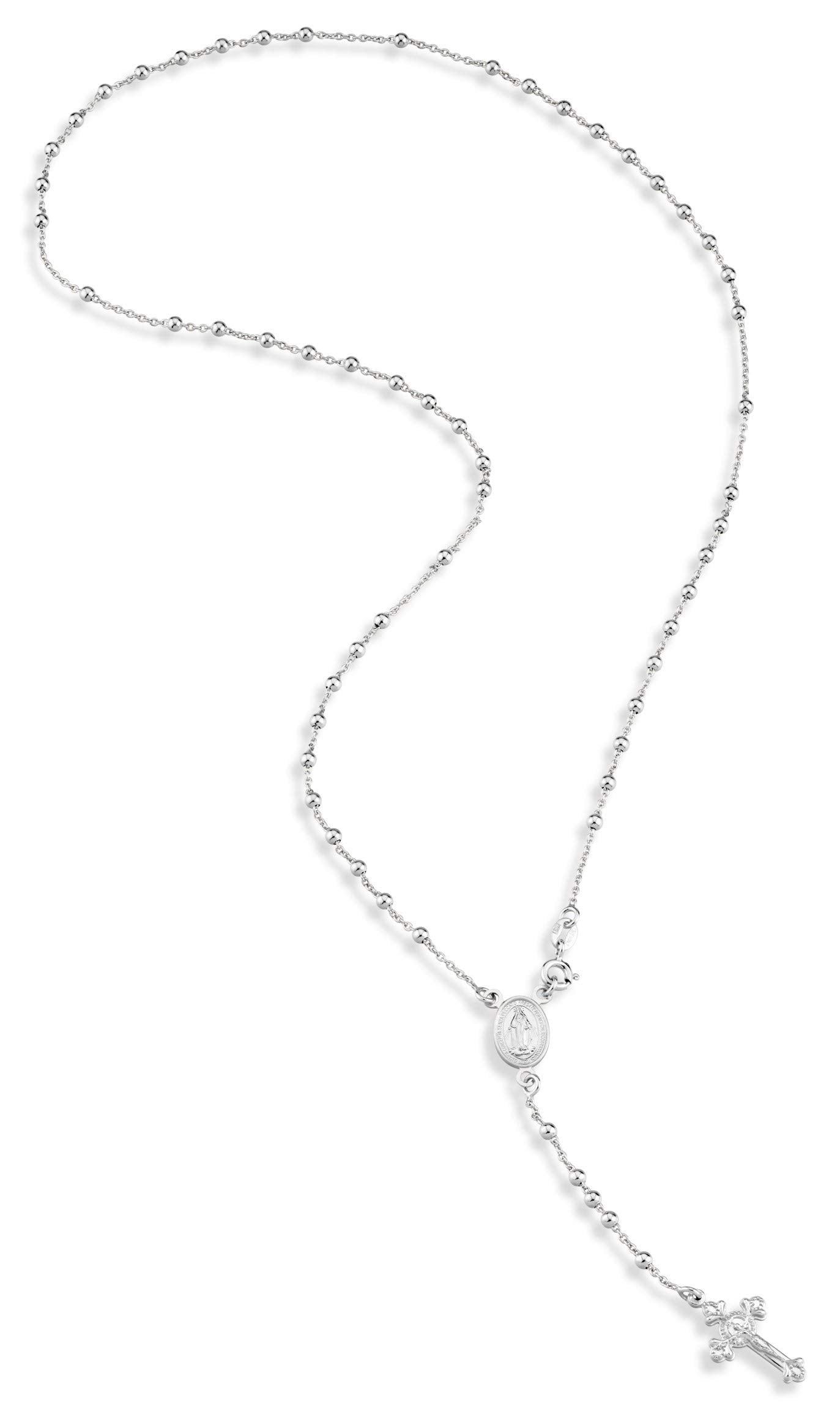Miabella Italian 925 Sterling Silver or 18K Gold Plated Rosary Bead Cross Y Necklace Chain for Women (sterliing silver, Length 2