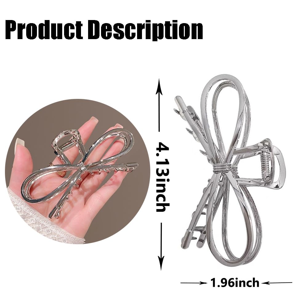 1Pcs Metal Silver Bow Hair Claw Clips - Large Fashion Hair Accessories For Women Girls, Strong Hold Alloy Elegant Jaw Grip Clips