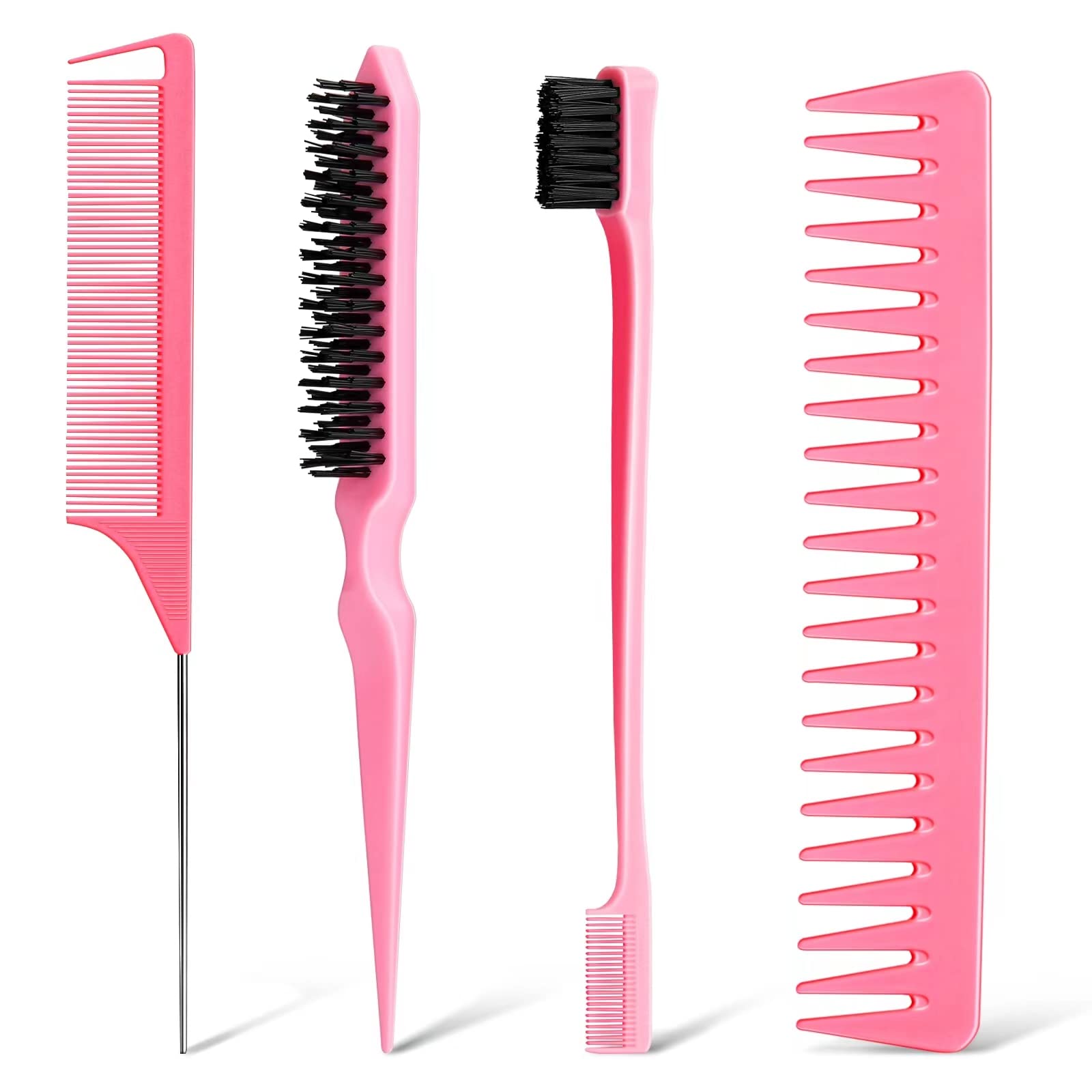 Anmieciu Hair Comb Set, 4Pcs Bristle Hair Edge Brush, Teasing Brush Comb, Rat Tail Comb and Wide Tooth Comb for Women Girls Men 