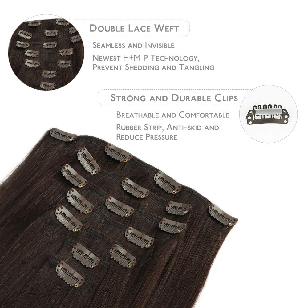 Wennalife Clip In Human Hair Extensions, 16 Inch 120G 7Pcs Dark Brown To Chestnut Brown And Dirty Blonde Highlighted Clip In Hum