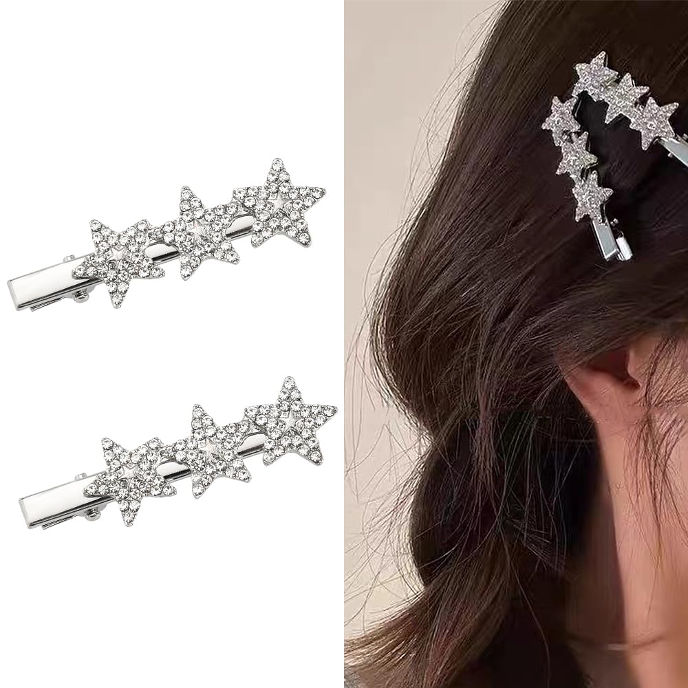 Star Hair Clips Silver Y2K Rhinestones Bling Bling Star Clip for Hair Alligator Clips Barrettes Hair Pins Non Slip Metal Side Ha