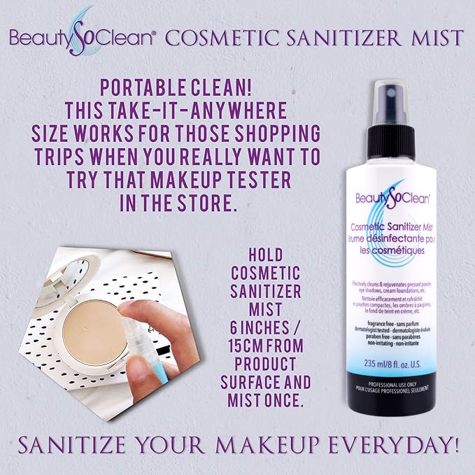 Beautysoclean Cosmetic Sanitizer Mist - (8.0 Oz.) Makeup Sanitizing Spray For Powder-Based Makeup Palettes & Pressed Cream Found
