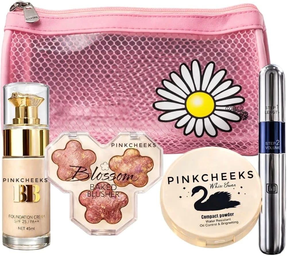 4In1 Glow Makeup Combo Kit  Bb Cream, Dewy Star Blusher, Mascara & Compact Powder With TravelFriendly Makeup Bag | Complete 