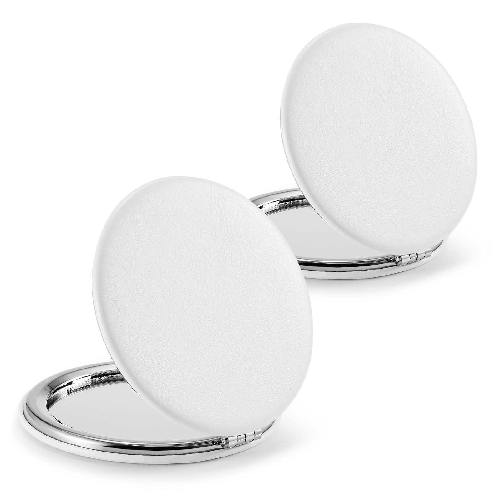 Getinbulk Compact Mirror,Set Of 2 Round Double-Sided Makeup Small Mirror For Purse With 1X/3X Magnification Pu Leather (White, 2