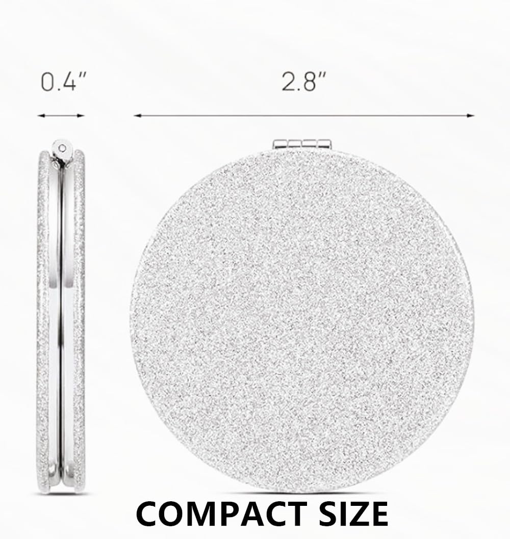 mpowtech Silver Compact Mirror - Double-Sided 2x/1x Magnification, 2.8" PU Leather Portable Makeup Mirror, Gift Idea