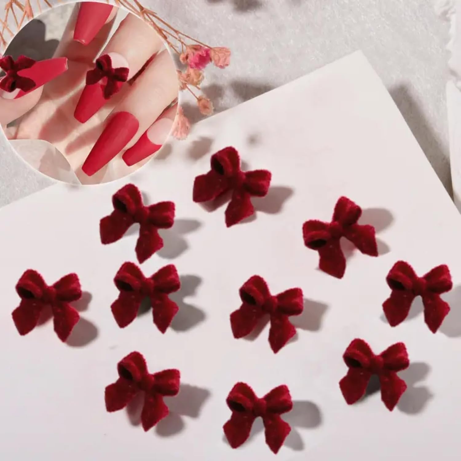 50Pcs Bow Nail Charms 3D Red Ribbon Bow Nail Art Charms Premium Velvet Flat Back Nail Designs Charms Cute Red Resin Bow Nail Art