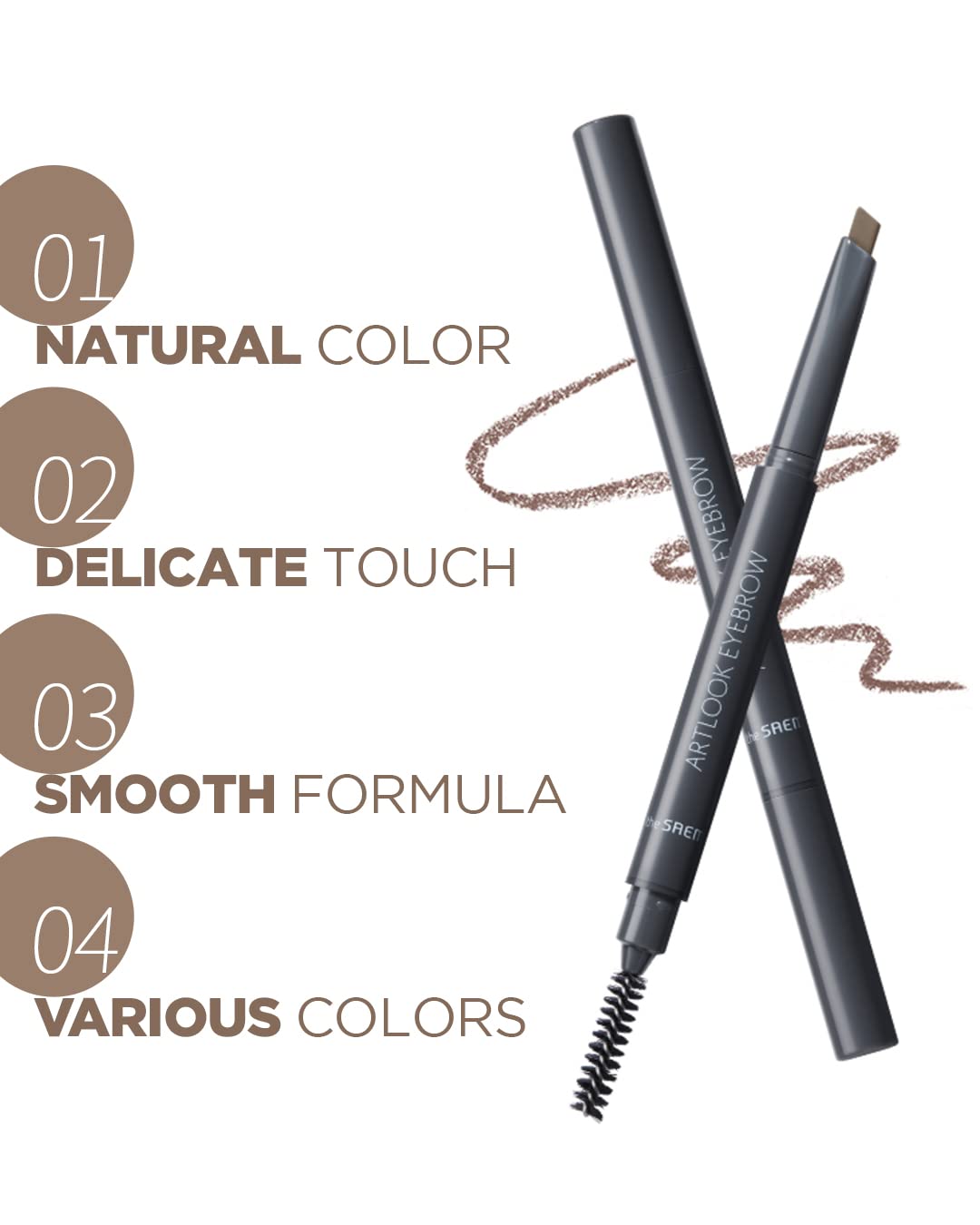 THESAEM Artlook Eyebrow Definer Pencil with Spoolie Brush 01 Brown - Long Lasting Eyebrow Pencil for Soft Textured Eyebrow Makeu