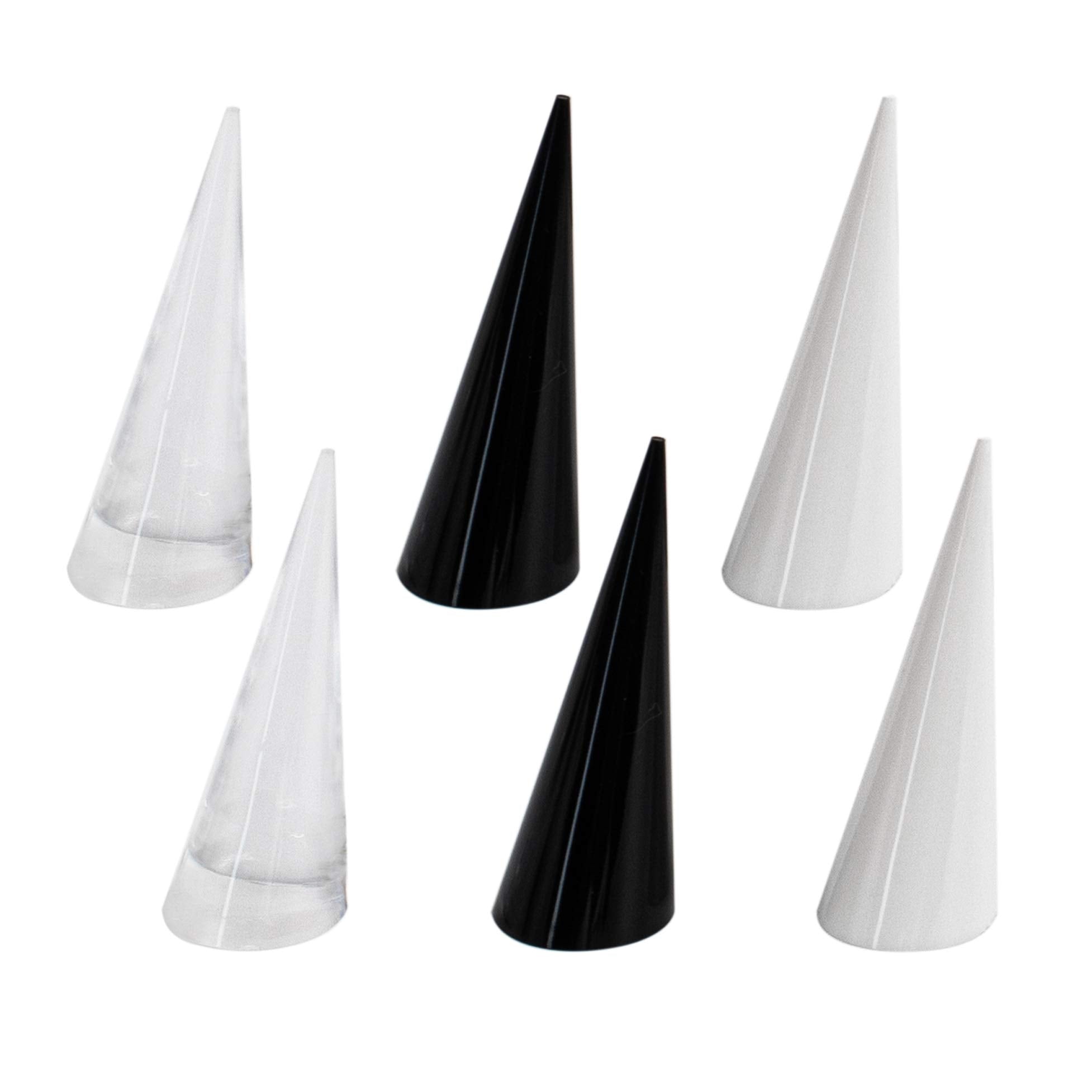 AUEAR, 6 Pack Cone Shape Acrylic for Jewelry Showcase Display Stand (Clear & Black & White)