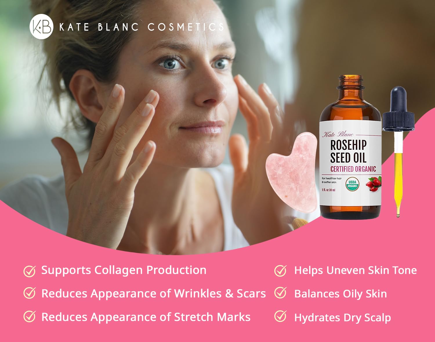 Kate Blanc Cosmetics Rosehip Oil For Face With Pink Gua Sha Stone (1Oz, Organic, Pure, Cold Pressed) Rosehip Seed Face Oil For G
